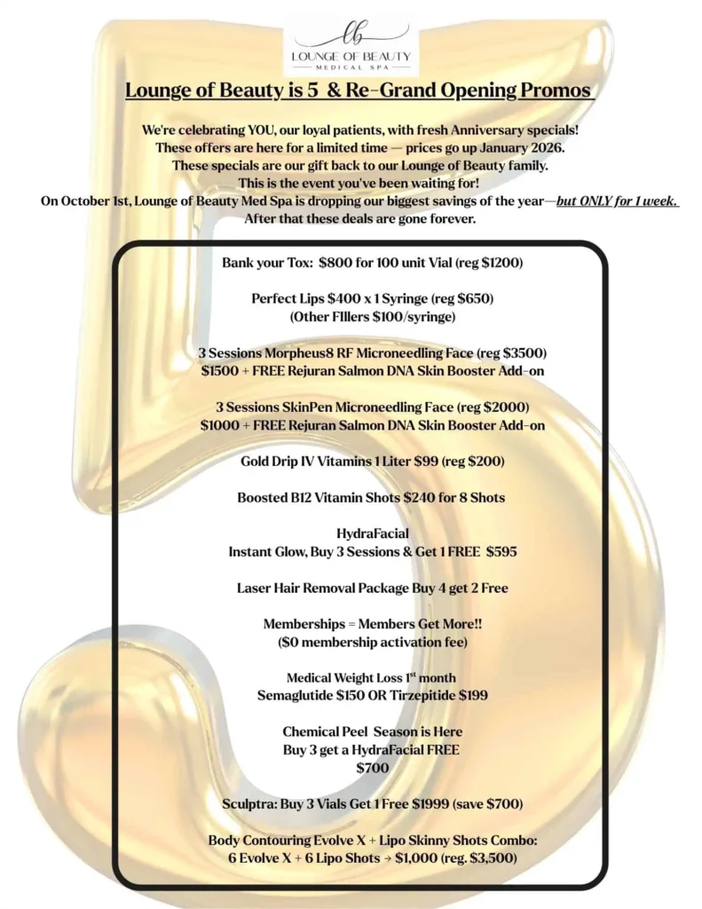 Lounge of Beauty Medical Spa new patient offer graphic featuring cosmetic treatments and discounts in Long Beach, CA.