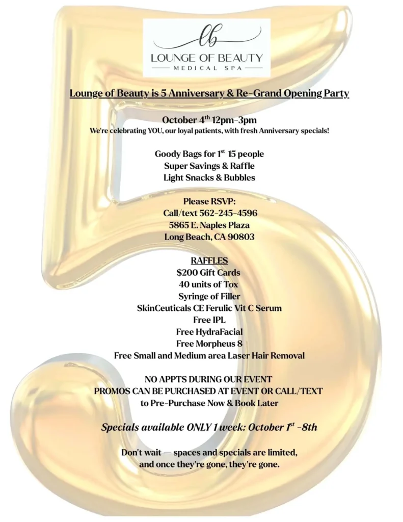 Lounge of Beauty Medical Spa new patient offer graphic featuring cosmetic treatments and discounts in Long Beach, CA.