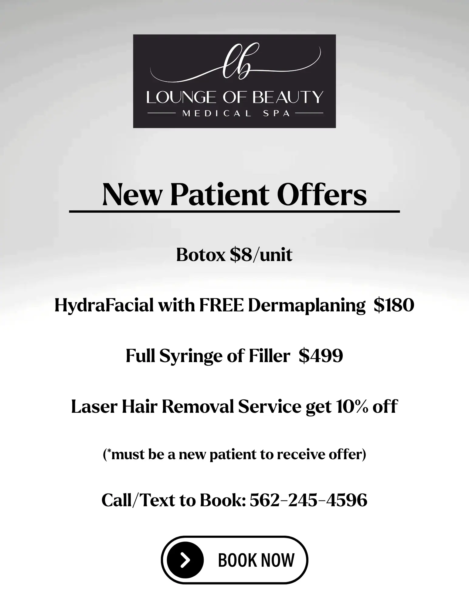 New-patient promo graphic at The Lounge of Beauty Medical Spa offering Botox, HydraFacial, dermaplaning, filler & laser discounts